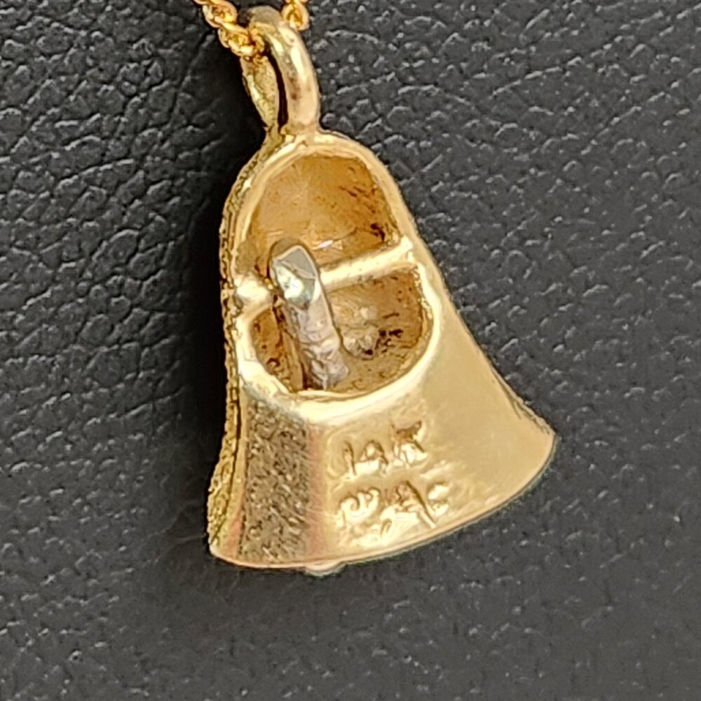[SOLD] 1980's 14k Textured Gold Moveable Bell w/ Real Diamond Pendant Necklace - Picture 4 of 15